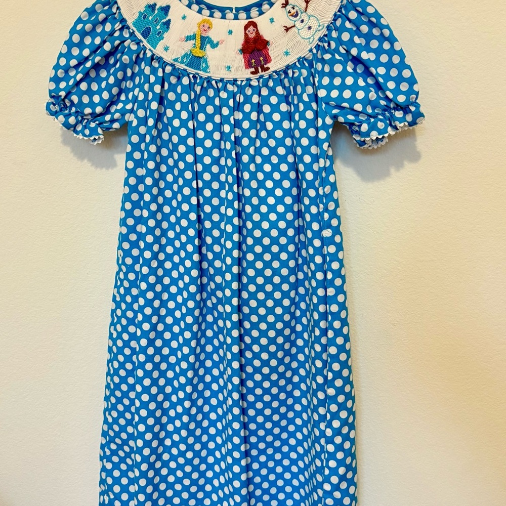 Anavini Hand Smocked Bishop Dress with Embroidered Frozen Characters